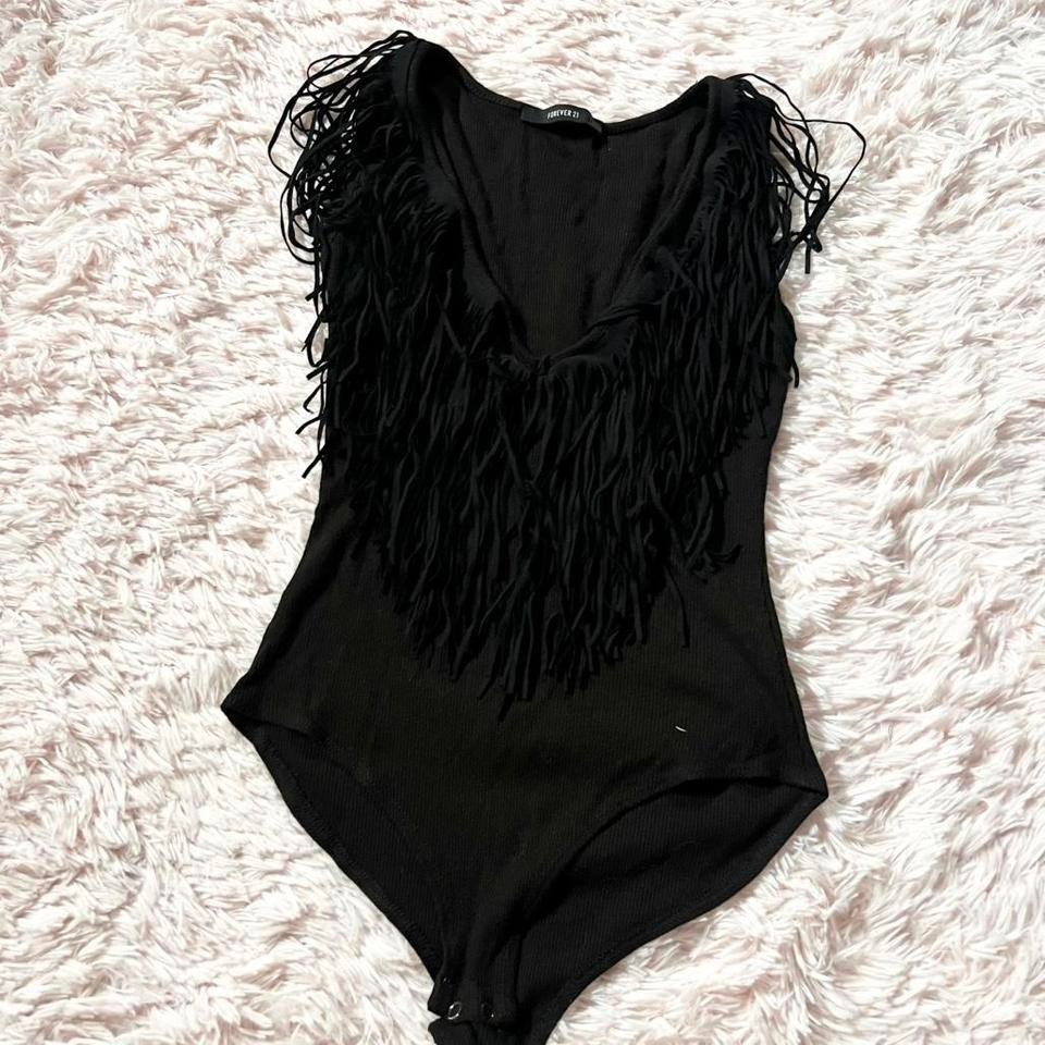 Black Fringe Festival Rave Whimsygoth Witchy Celestial Earthy Ribbed Body Suit